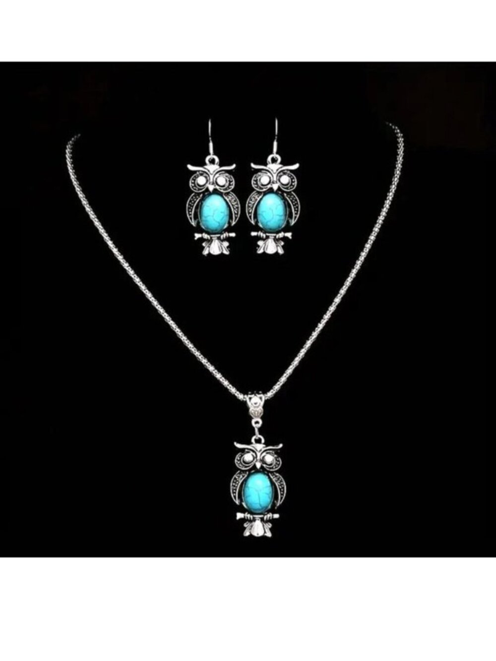 Owl Necklace & Earrings Turquoise 3pc Silver Boho Retro Unique Stylish Fashion